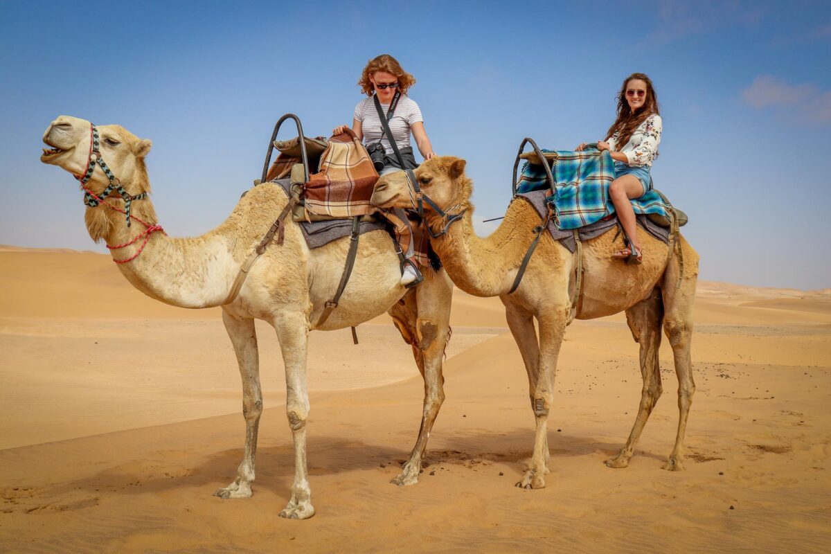 Femmes sur dromadaires en voyage organisé au Maroc